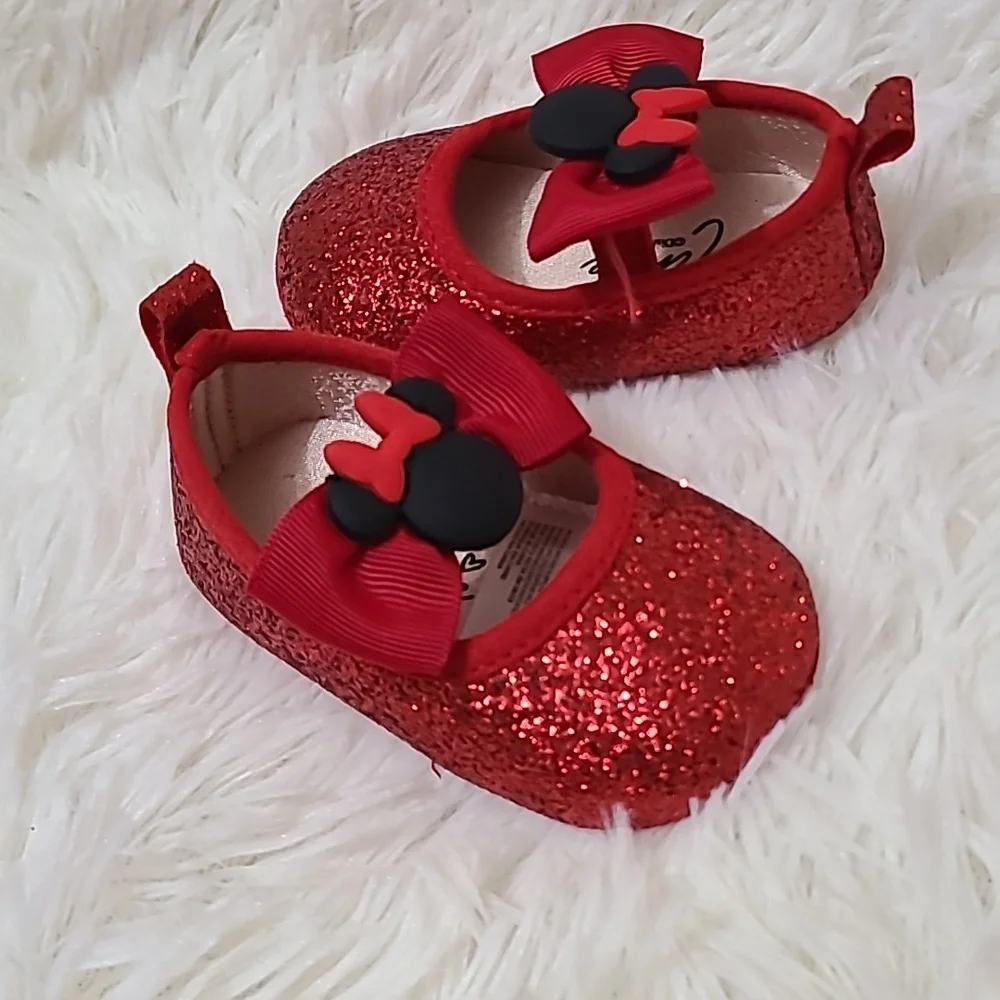DISNEY Minnie Mouse Bow Red Glitter Infant Crib Shoes - Size 3-6M‎